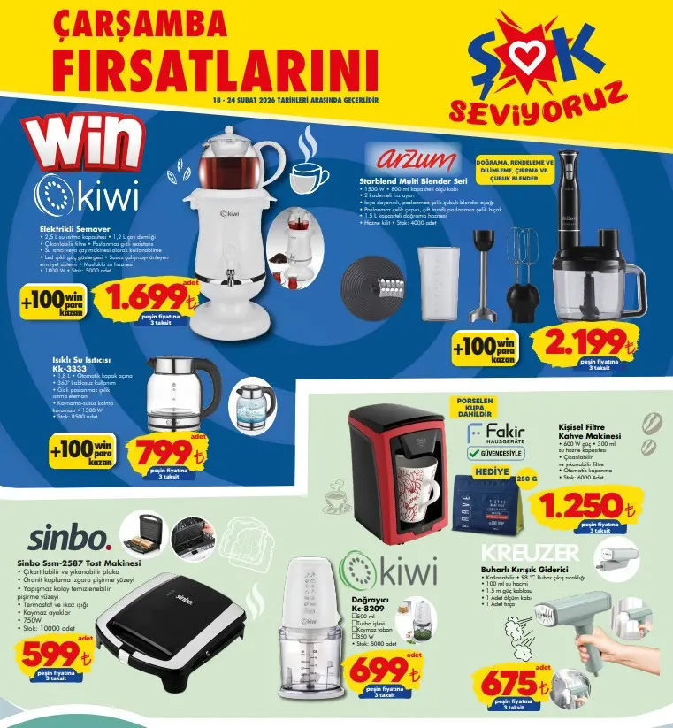 18-24 ŞUBAT ŞOK AKTÜEL ÜRÜNLER Elektrikli Semaver, Yazı Tahtası, Buharlı Kırışık Giderici Geldi - Resim : 1