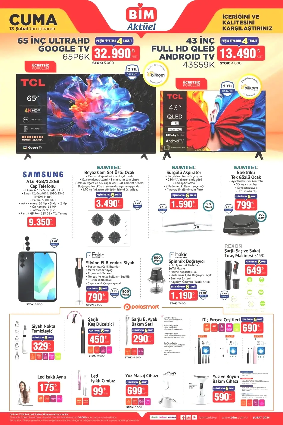 13 şubat BİM elektronik telefon süpürge kampanya