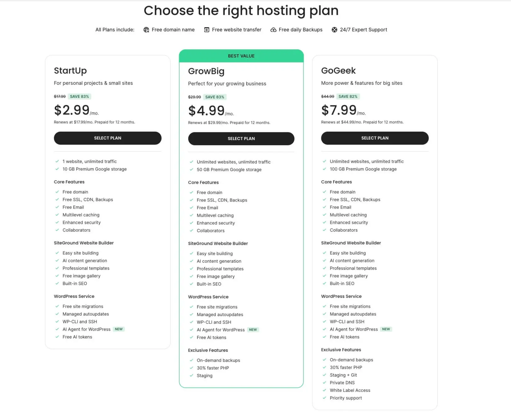 SiteGround'un paylaşımlı hosting planlarını gösteren bir ekran görüntüsü.